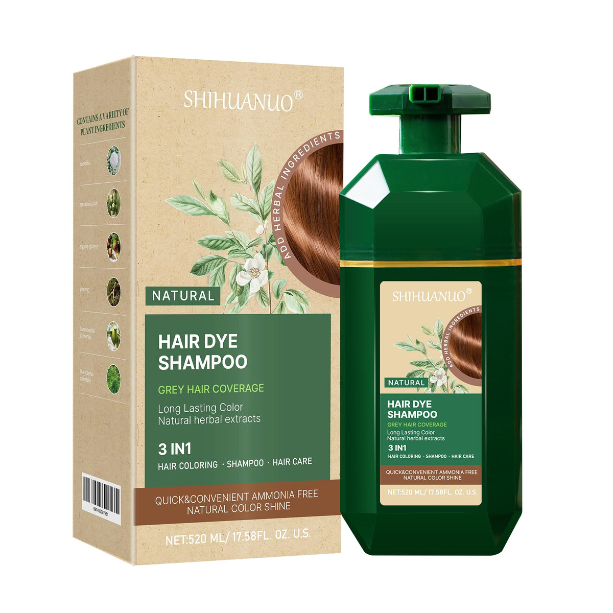 SHIHUANUO front bottle showing chestnut brown color and easy home use benefit