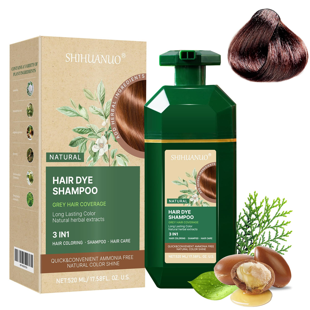 SHIHUANUO front bottle showing label and coffee dark brown shade benefit