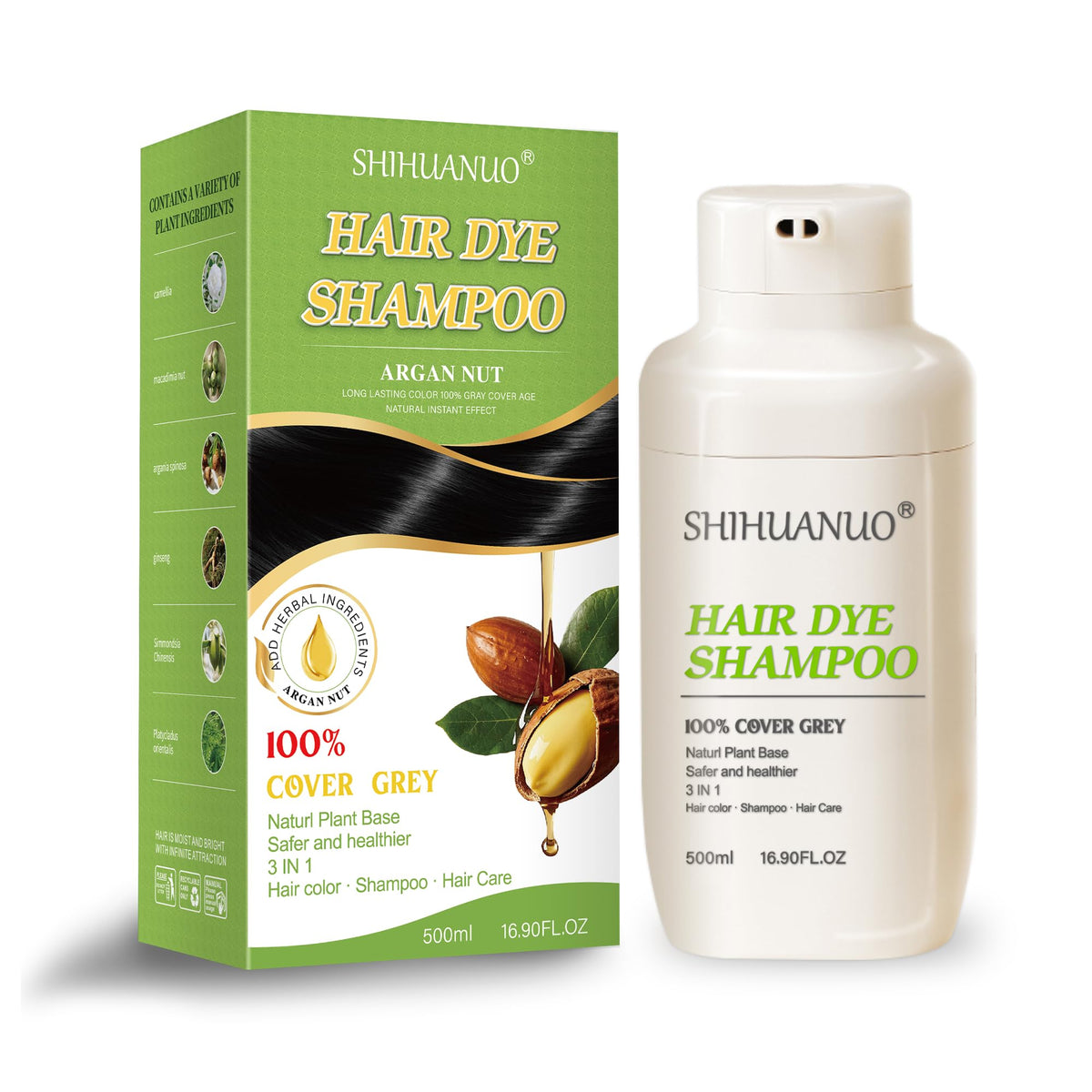SHIHUANUO front packaging showing 500ml bottle and clear labeling benefits