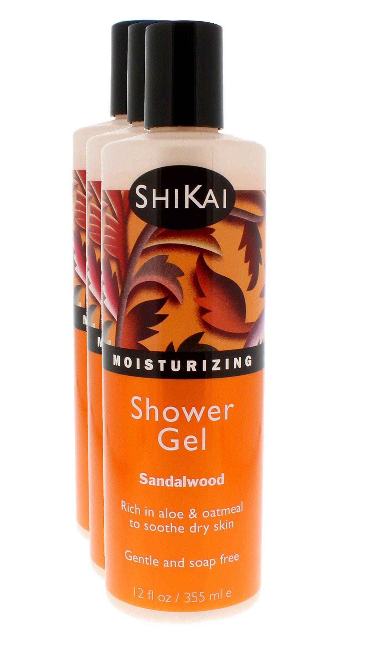 ShiKai front packaging showing three sandalwood shower gel bottles and benefit of daily hydration