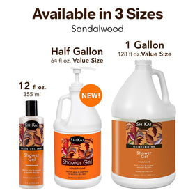 ShiKai bottle in shower setting with person using gel for clean, softened skin