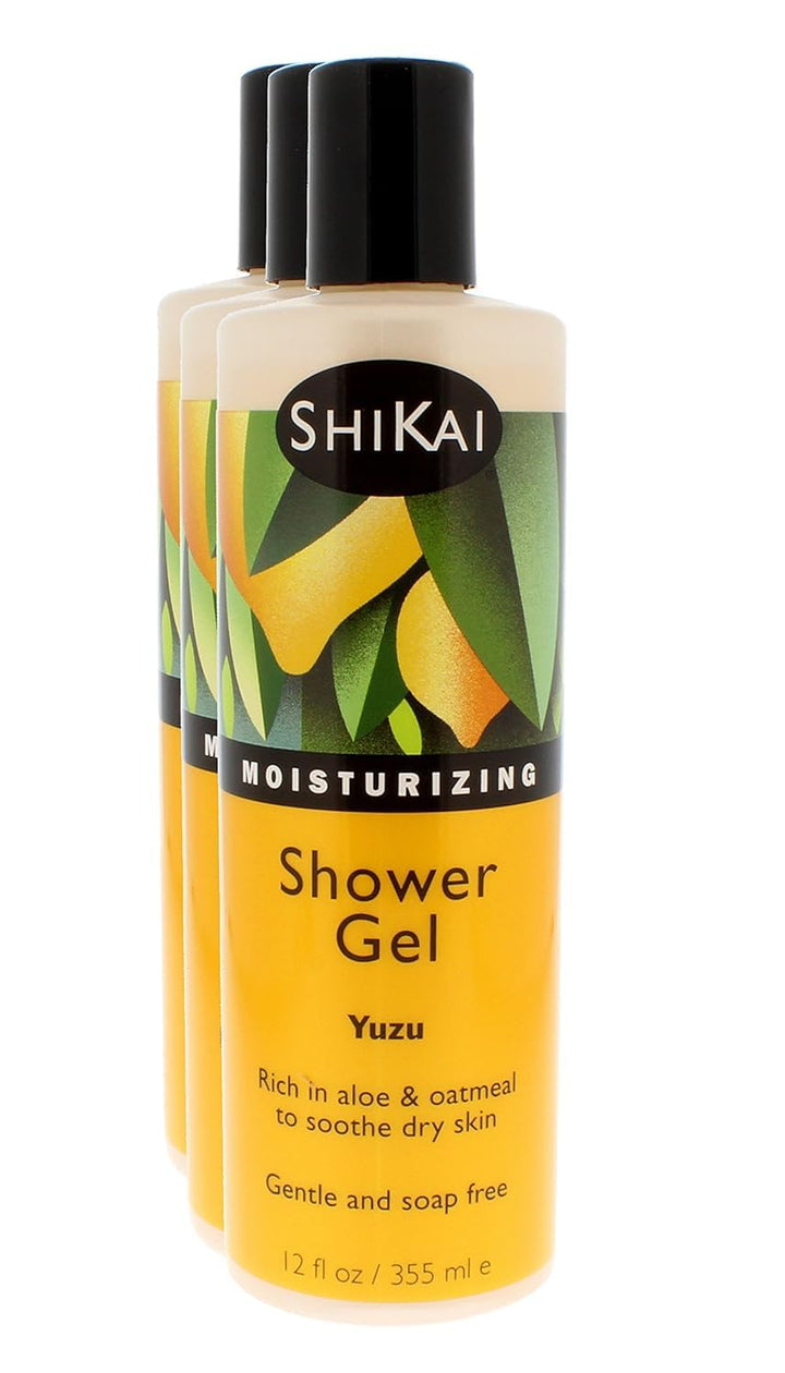 ShiKai front packaging showing three yuzu shower gel bottles and clear labeling for convenience