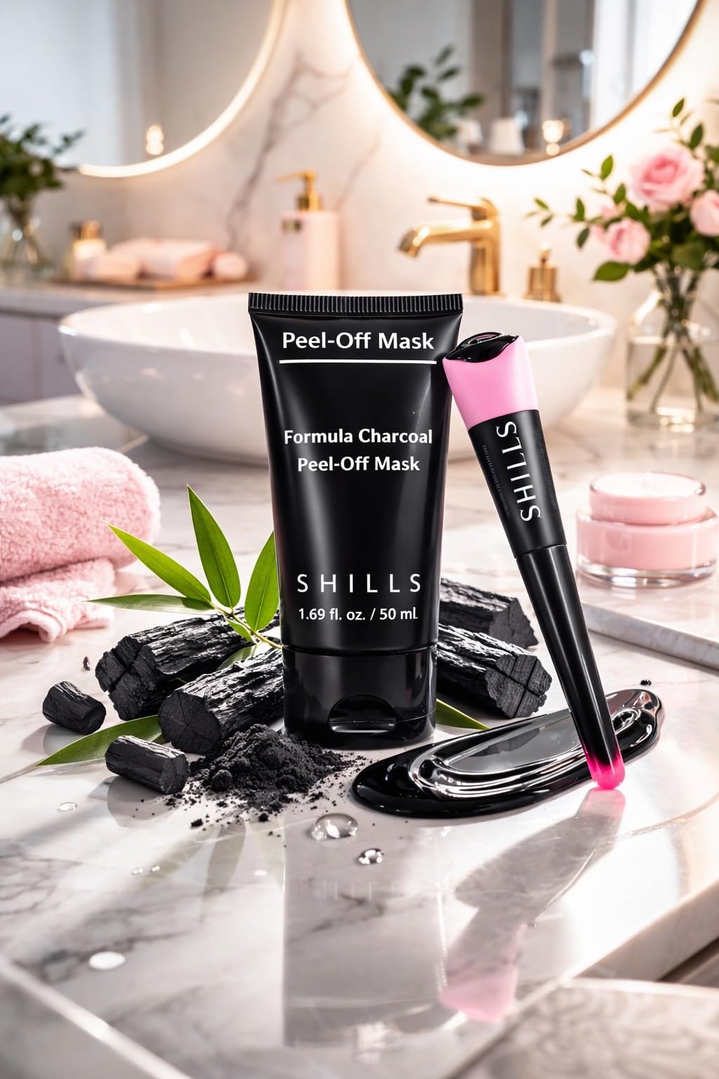 SHILLS with moisturizer beside mask, showing post-mask hydration benefit