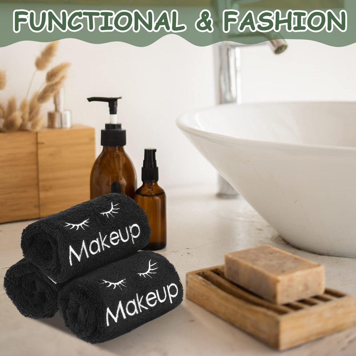 Shimeyao towel displayed on bathroom counter illustrating neat styling and usability