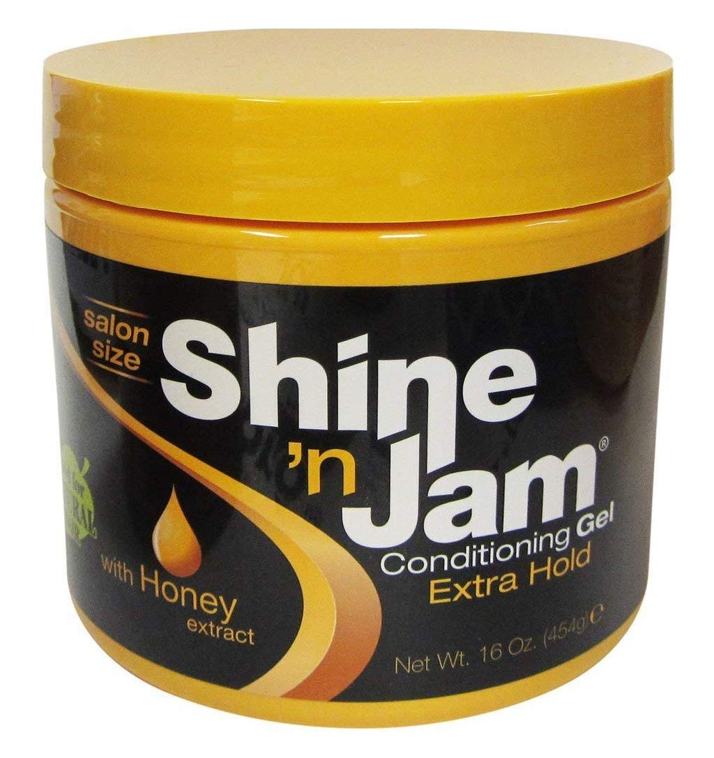 Shine 'n Jam extra hold front packaging showing jar label and benefit of long-lasting hold