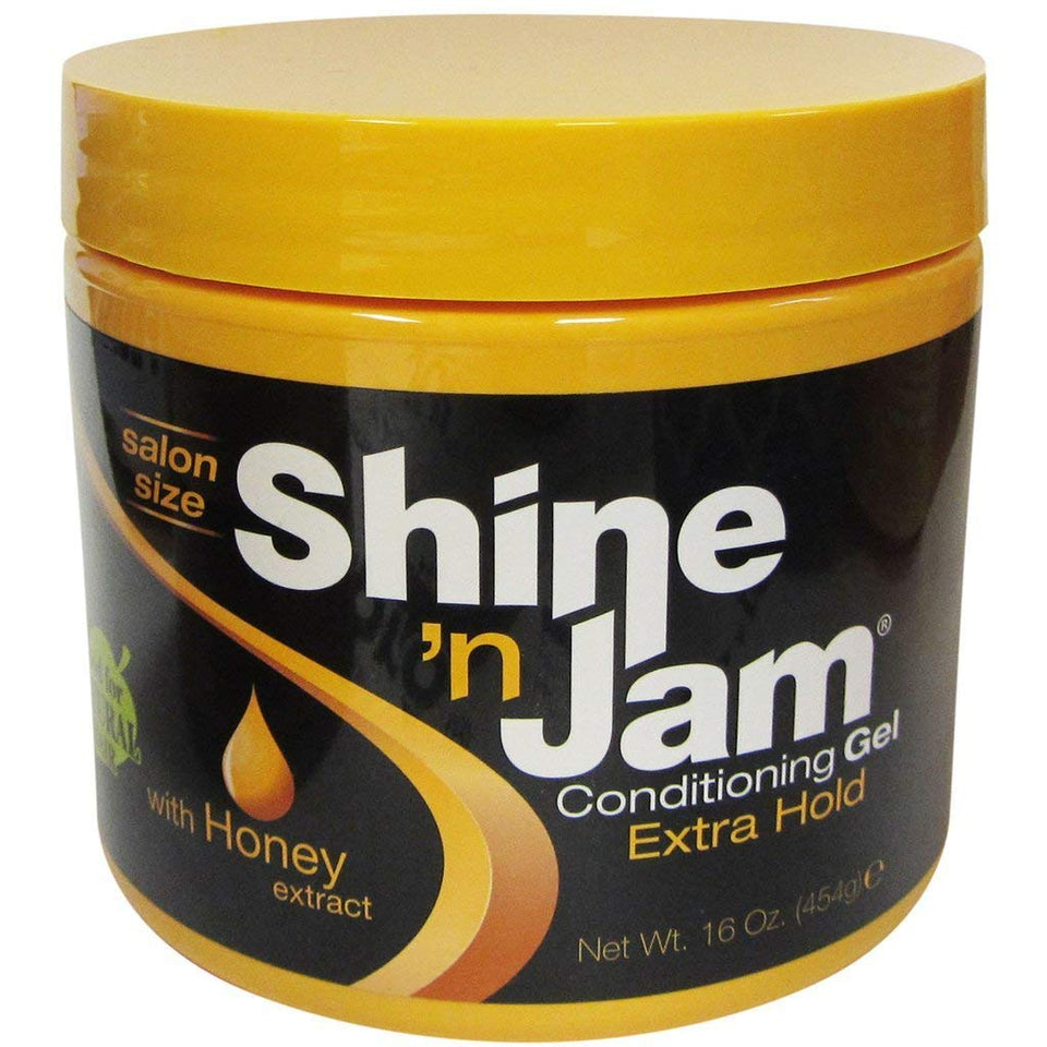 Shine 'n Jam front bottle showing label and 16 oz size for long-lasting hold