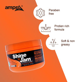 Shine 'n Jam beside olive oil and silk protein visuals showing conditioning benefits