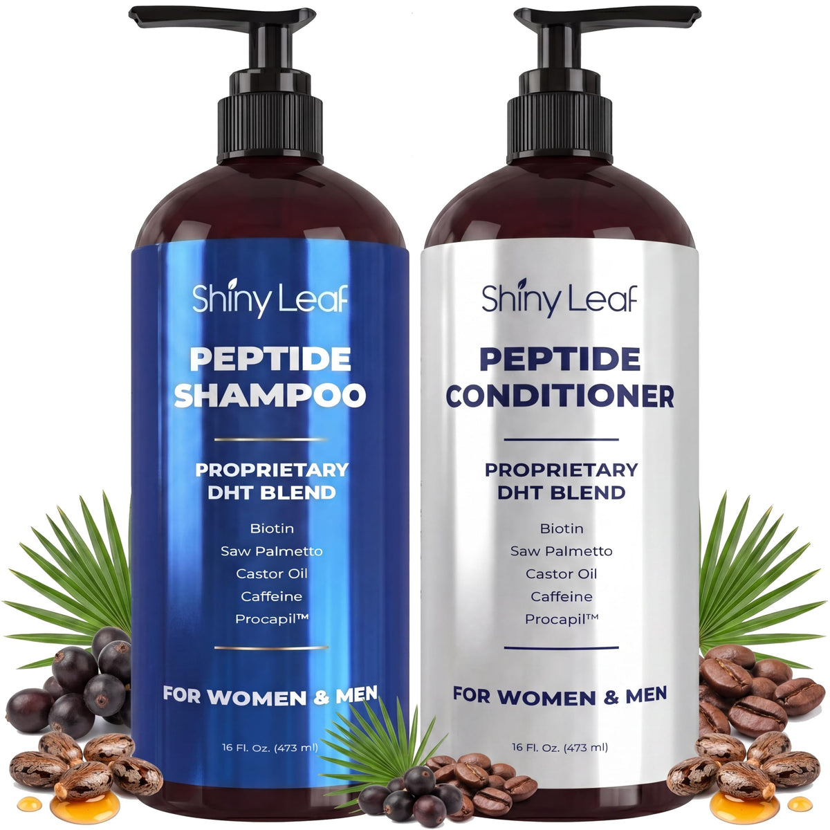 Shiny Leaf front packaging showing both 16 fl oz bottles and benefits