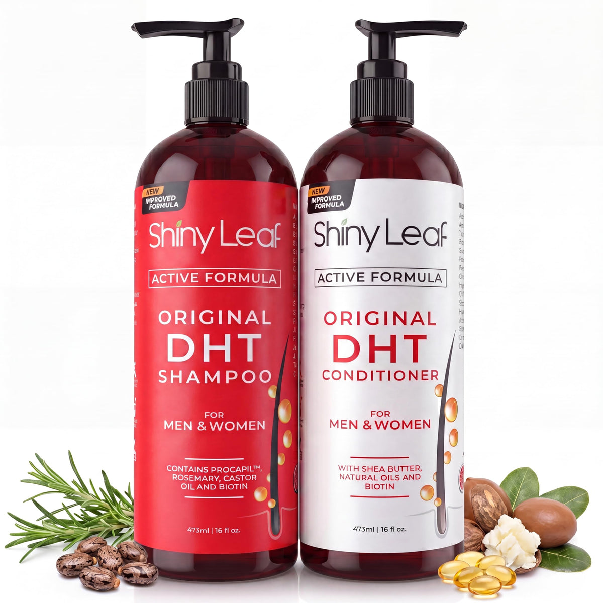 Shiny Leaf front packaging showing shampoo and conditioner benefits