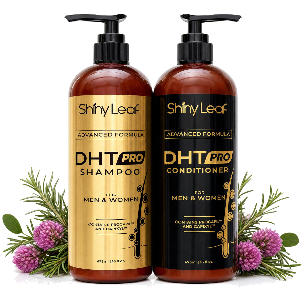 Shiny Leaf front packaging showing shampoo and conditioner for visible routine benefits
