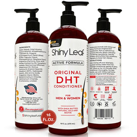 Shiny Leaf bottle on bathroom shelf conveying a premium routine