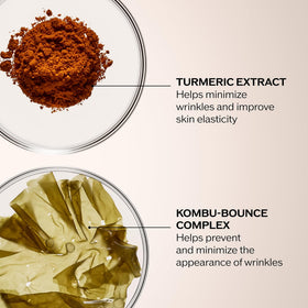 Shiseido Benefiance ingredient complex display highlighting KOMBU-Bounce algae and turmeric benefits