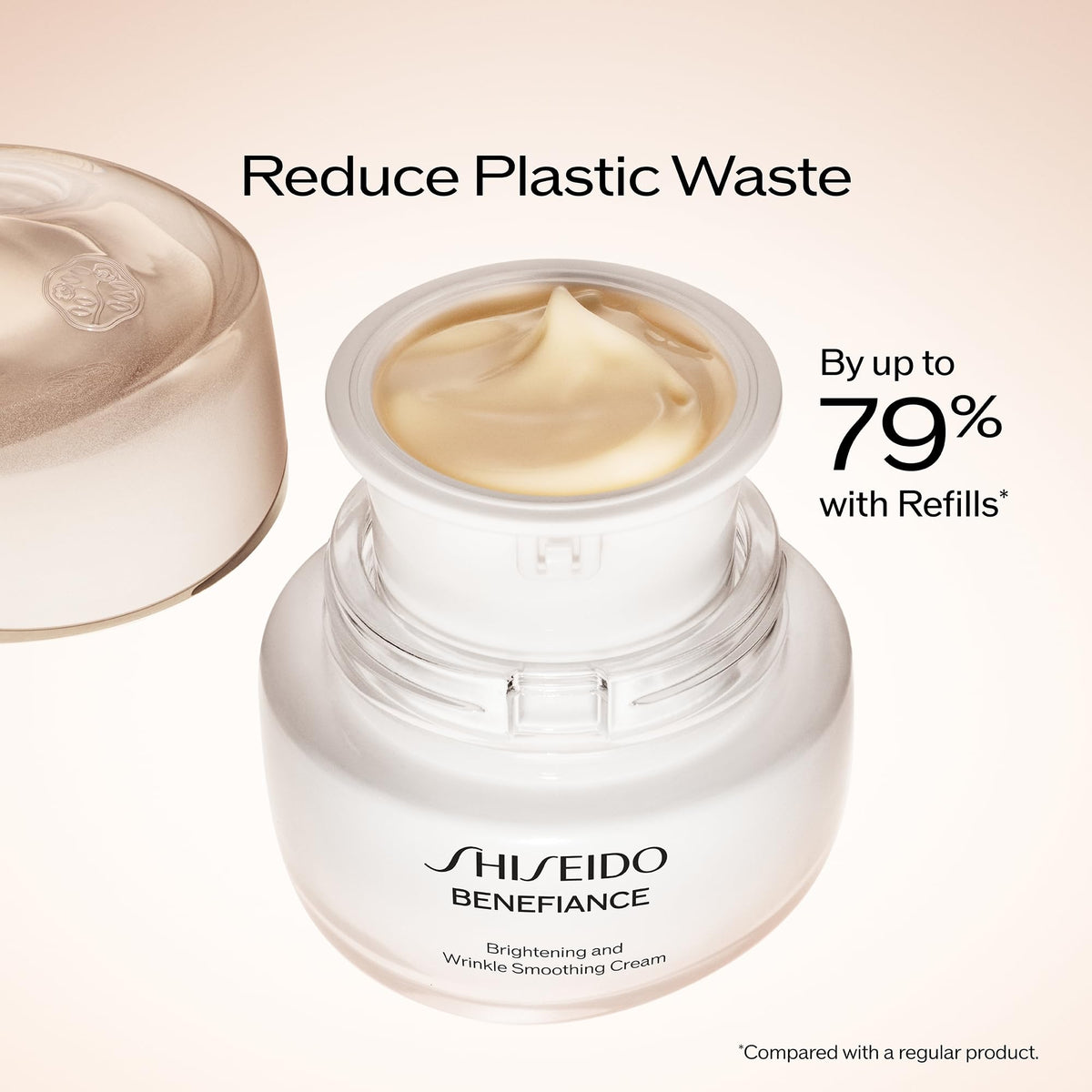 Shiseido Benefiance 50ml size comparison next to hand showing portable, travel-friendly benefit