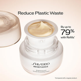 Shiseido Benefiance 50ml size comparison next to hand showing portable, travel-friendly benefit