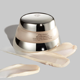 Shiseido jar on bathroom vanity in lifestyle setting for daily skincare ritual