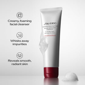 Shiseido foam being dispensed into palm illustrating easy lather and efficient use benefit