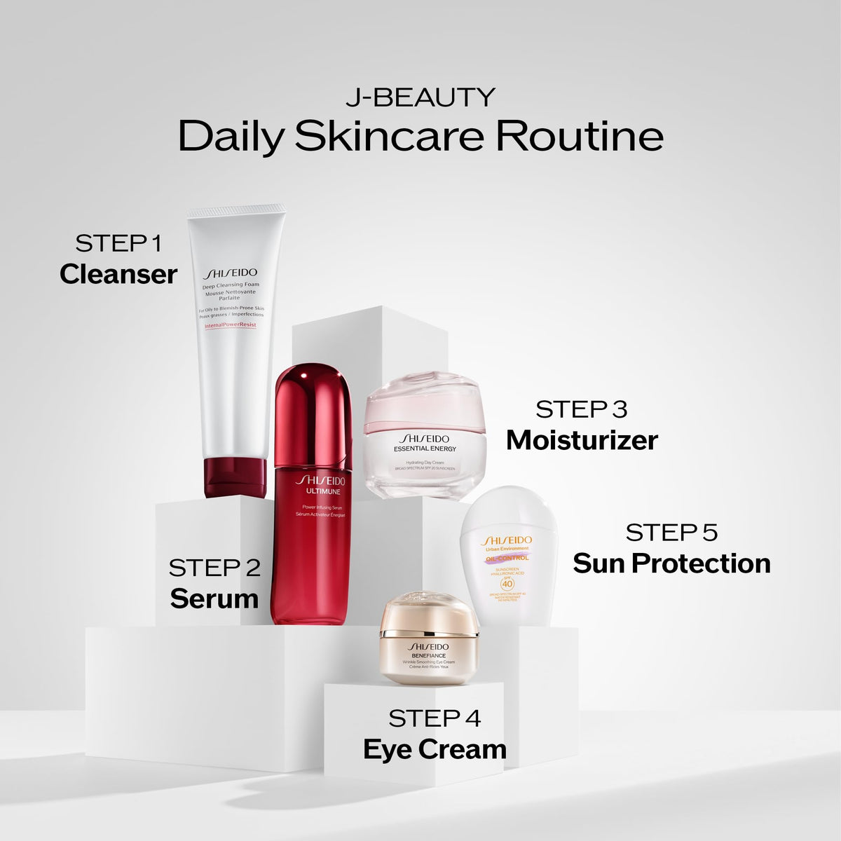 Shiseido bottle scale next to hand showing 125 mL size for travel-friendly, daily-use benefit