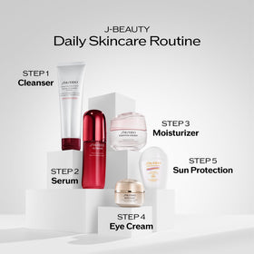 Shiseido bottle scale next to hand showing 125 mL size for travel-friendly, daily-use benefit