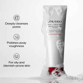Shiseido foam applied in hand demonstrating easy lathering and effective makeup removal benefit