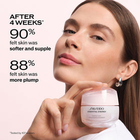 shiseido cream applied to neck and face, illustrating easy use and smoothing benefit