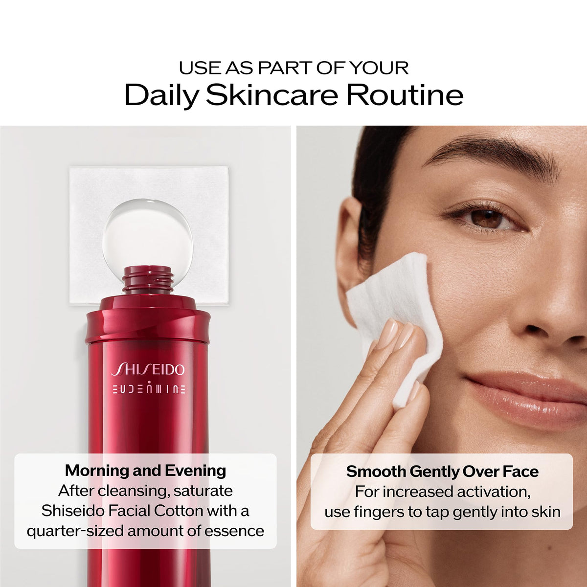 Shiseido Eudermine bottle next to hand for scale, conveys generous 145 mL supply and value