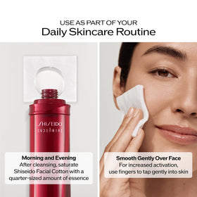Shiseido Eudermine bottle next to hand for scale, conveys generous 145 mL supply and value