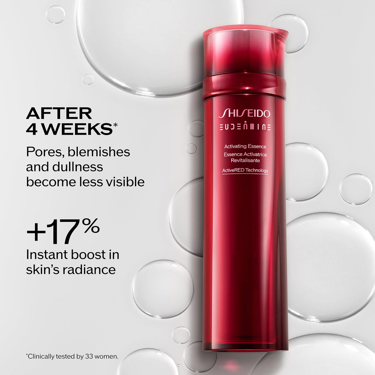Shiseido Eudermine texture pouring from bottle, demonstrates lightweight hydration and absorption