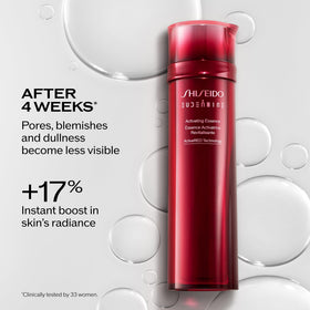 Shiseido Eudermine texture pouring from bottle, demonstrates lightweight hydration and absorption