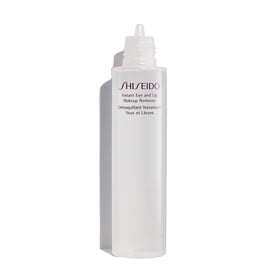 Shiseido remover on cotton pad held near eye showing quick makeup lifting