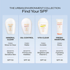 Shiseido in urban setting used by commuter to protect against UV and pollution