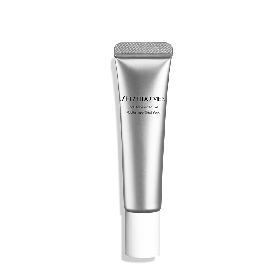 Shiseido men total revitalizer eye cream front packaging showing product and benefits