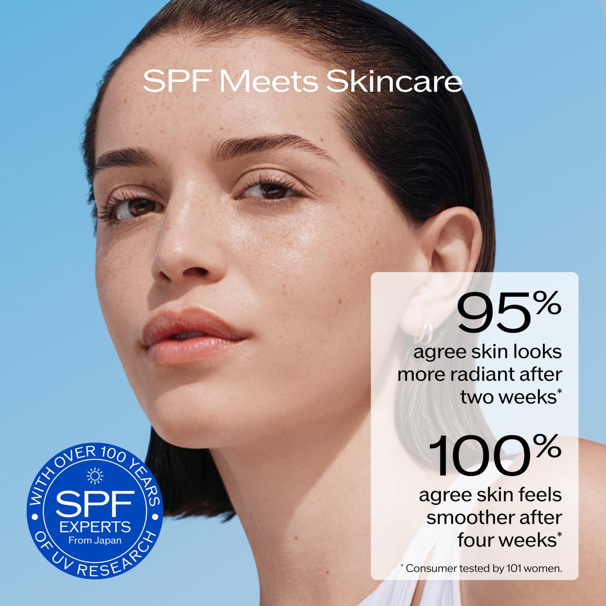 Shiseido stick used over makeup demonstrating quick touch-up benefit