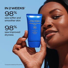 Shiseido tube label close-up showing SynchroShieldRepair technology claims