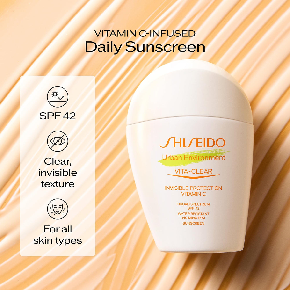 Shiseido 30 mL next to common items showing portable size benefit