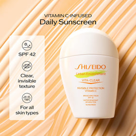 Shiseido 30 mL next to common items showing portable size benefit