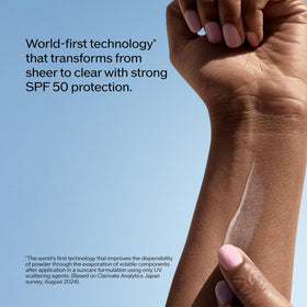 Shiseido size comparison with hand showing travel-friendly one-ounce benefit
