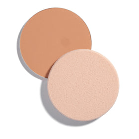 Shiseido refill front view showing medium ochre shade and compact details, protects and evens skin