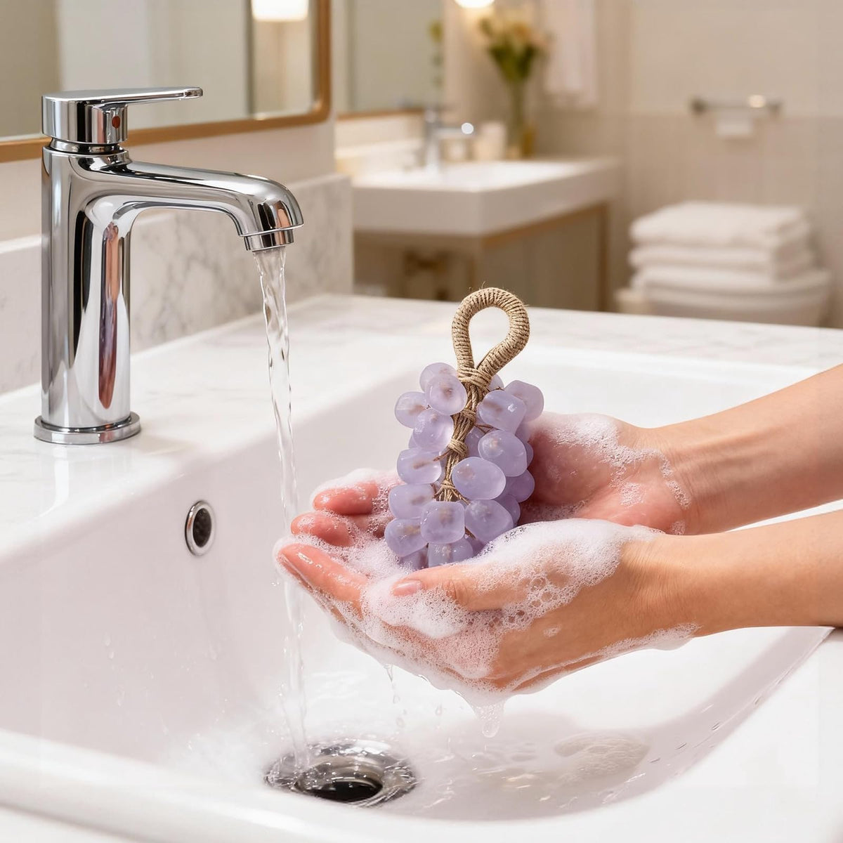 SHLLON grape soap in bathroom setting adding decor and fresh fragrance
