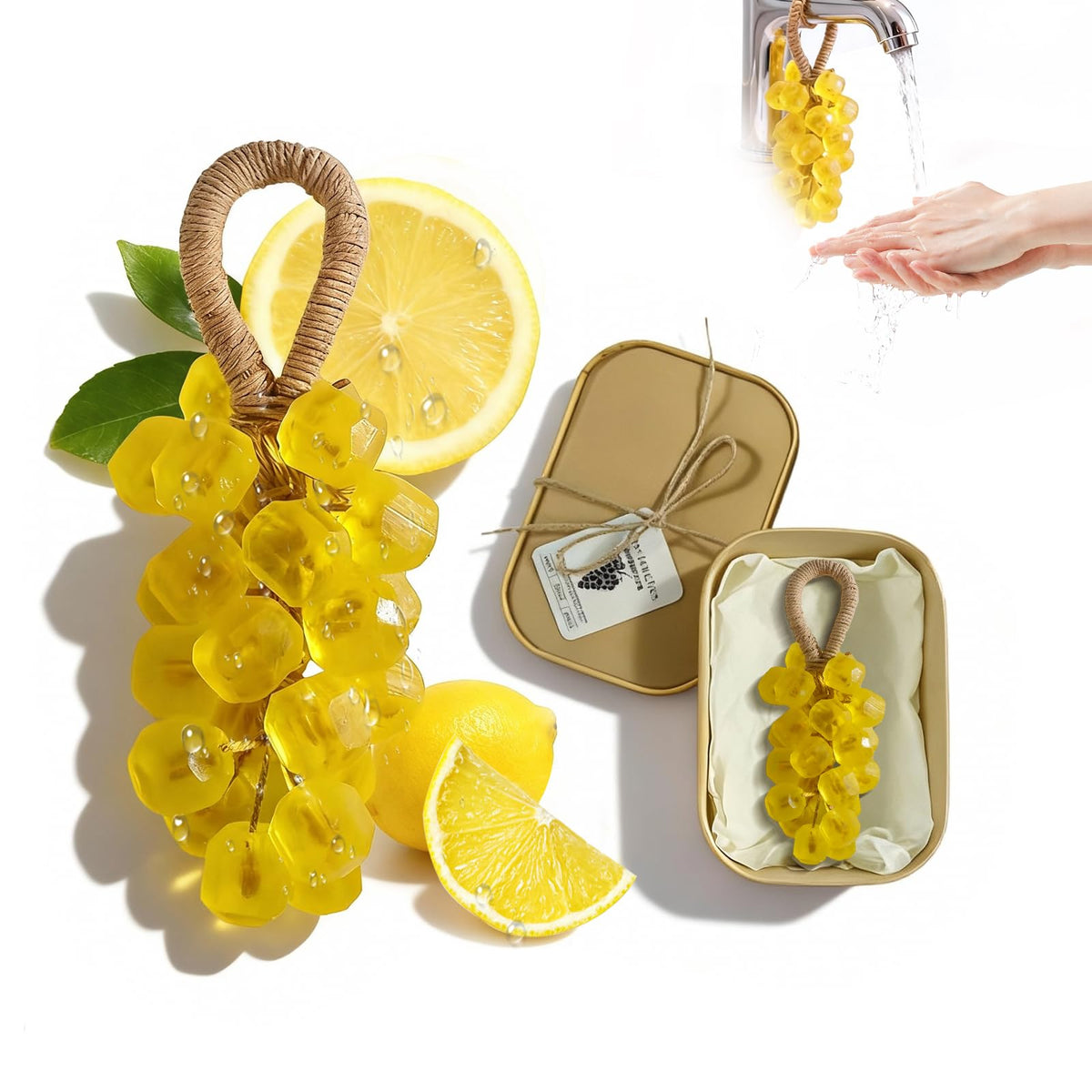 SHLLON grape soap front view showing lemon scent and decorative appeal