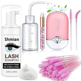 Shmian front packaging showing complete lash shampoo kit for travel and care