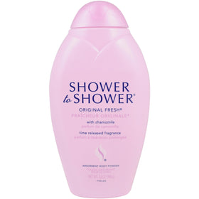Shower To Shower front jar showing chamomile scent and long-lasting freshness
