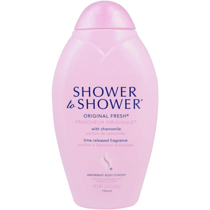 Shower To Shower front jar showing chamomile scent and long-lasting freshness
