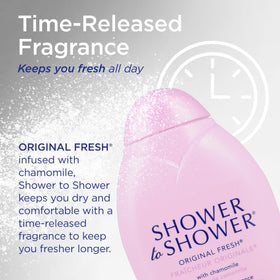 Shower To Shower label and ingredients highlighting talc-free, skin-friendly formula
