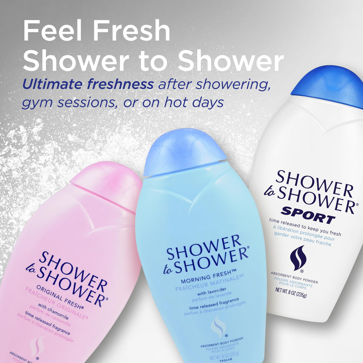 Shower To Shower on bathroom shelf suggesting post-shower routine and confidence