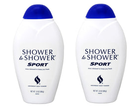 Shower To Shower front bottle showing sport label and benefit of lasting freshness