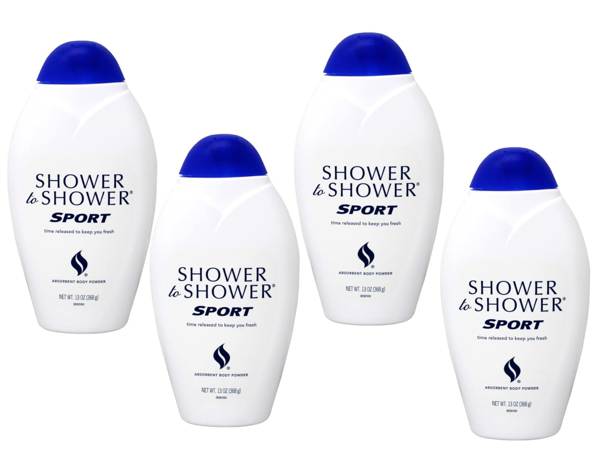 Shower To Shower sport front packaging showing four 13-ounce bottles and clear benefits