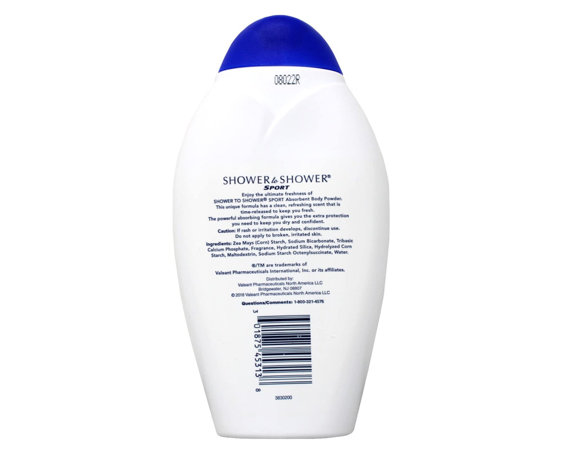 Shower To Shower 13 ounce bottle beside common items showing portable supply