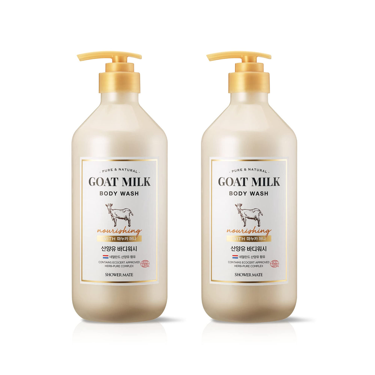 SHOWERMATE front packaging showing goat milk and manuka honey for nourishing cleanse