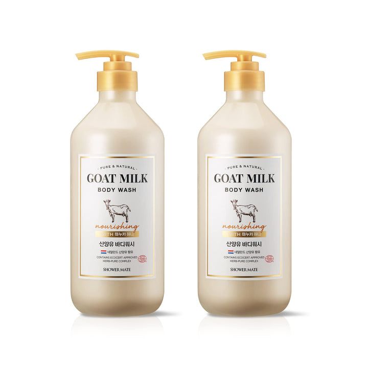 SHOWERMATE front packaging showing goat milk and manuka honey for nourishing cleanse