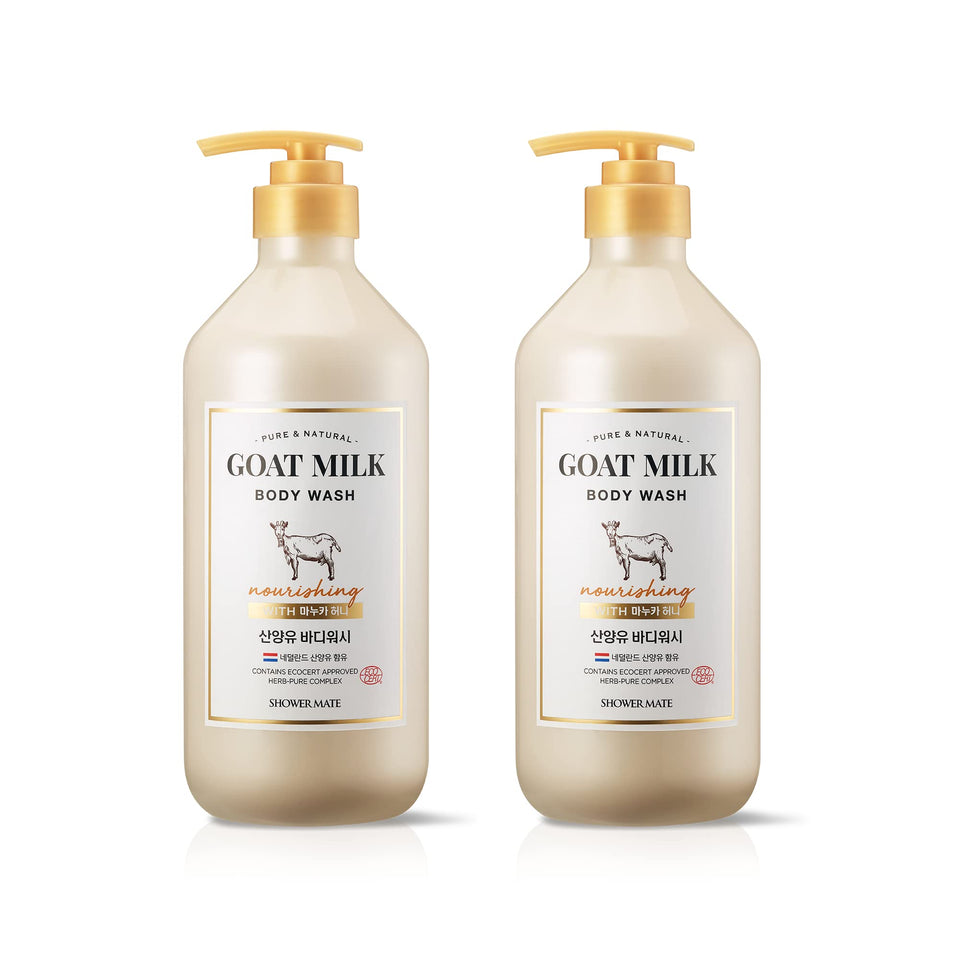 SHOWERMATE front packaging showing goat milk and manuka honey for nourishing cleanse